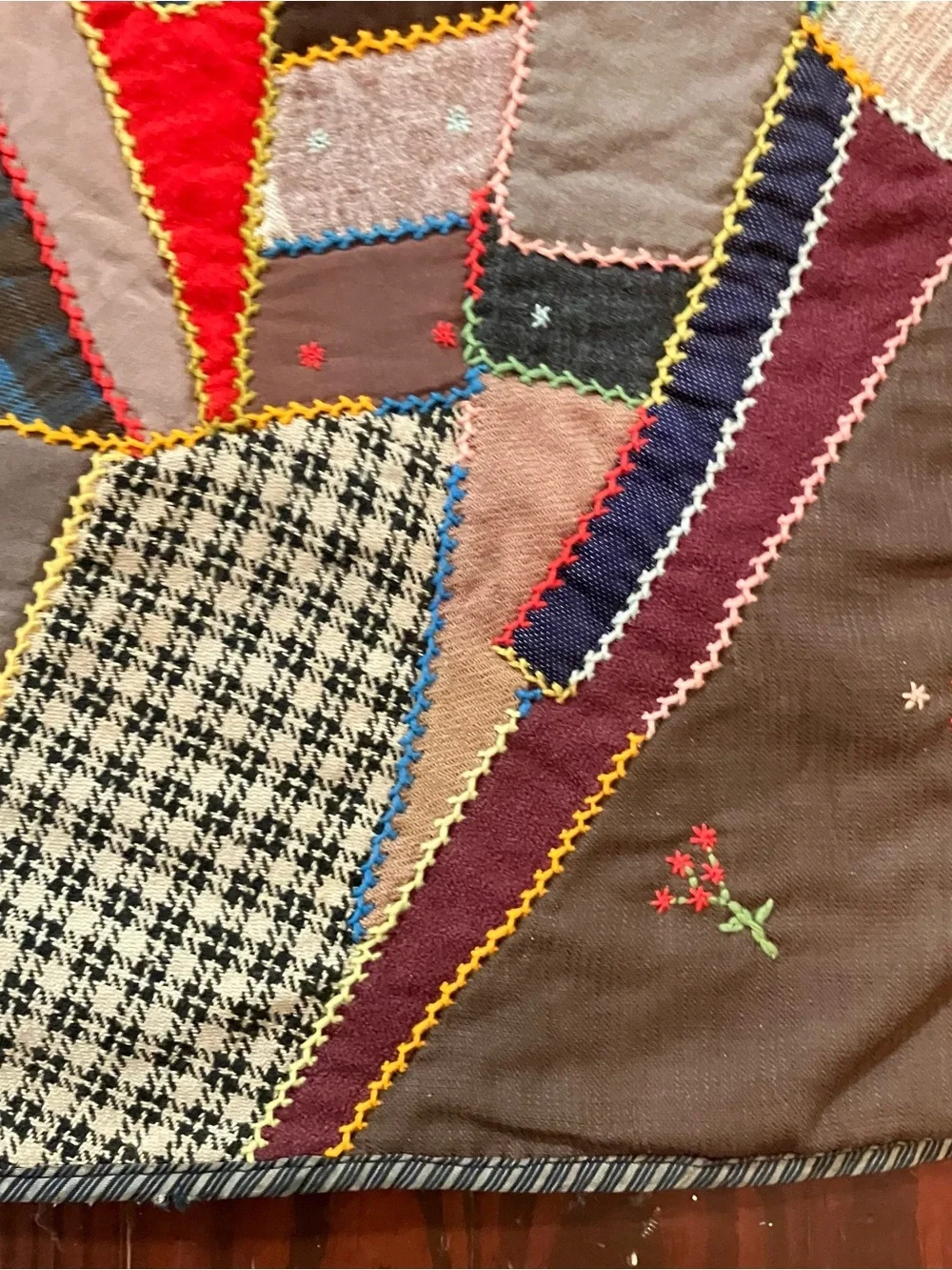 VTG Hand Pieced Embroidered Scrap Crazy 76 x 80 Quilt Farmhouse Primitive